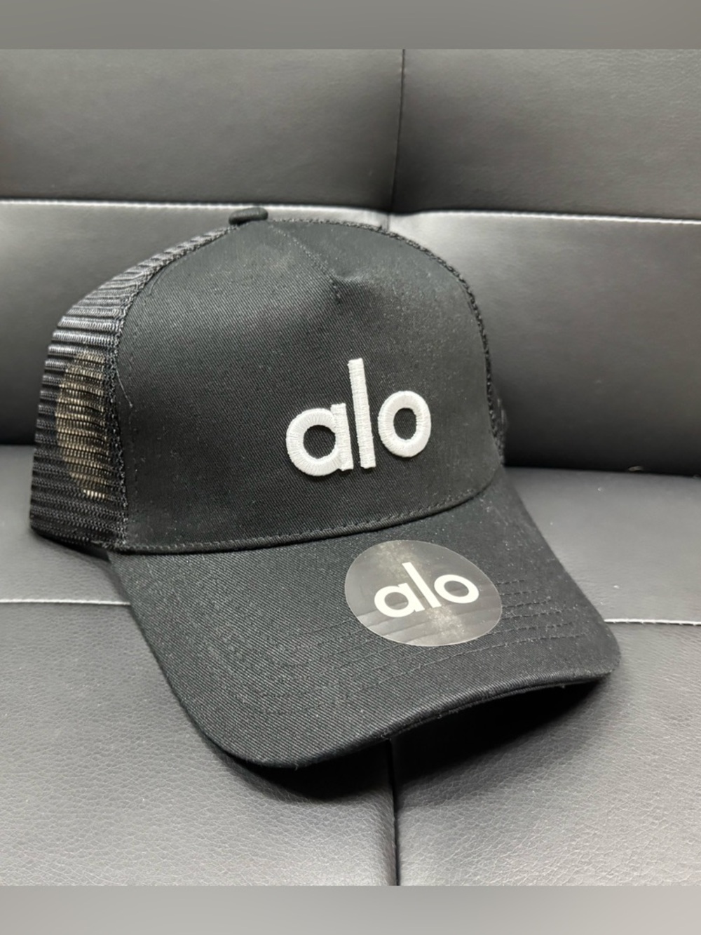 ALO Yoga Black Mesh Trucker Cap with White Logo